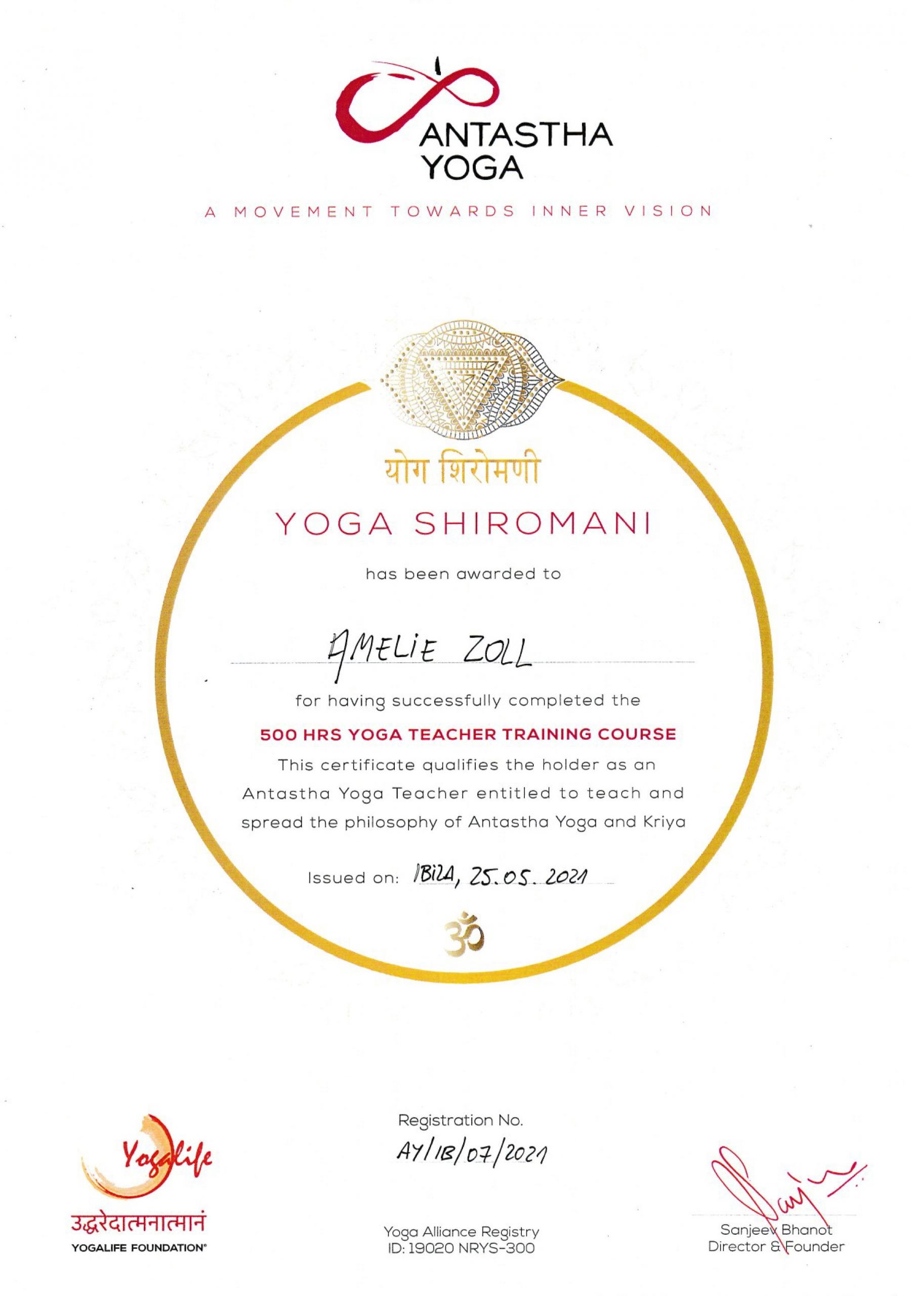 Zertifikat Antastha Yoga