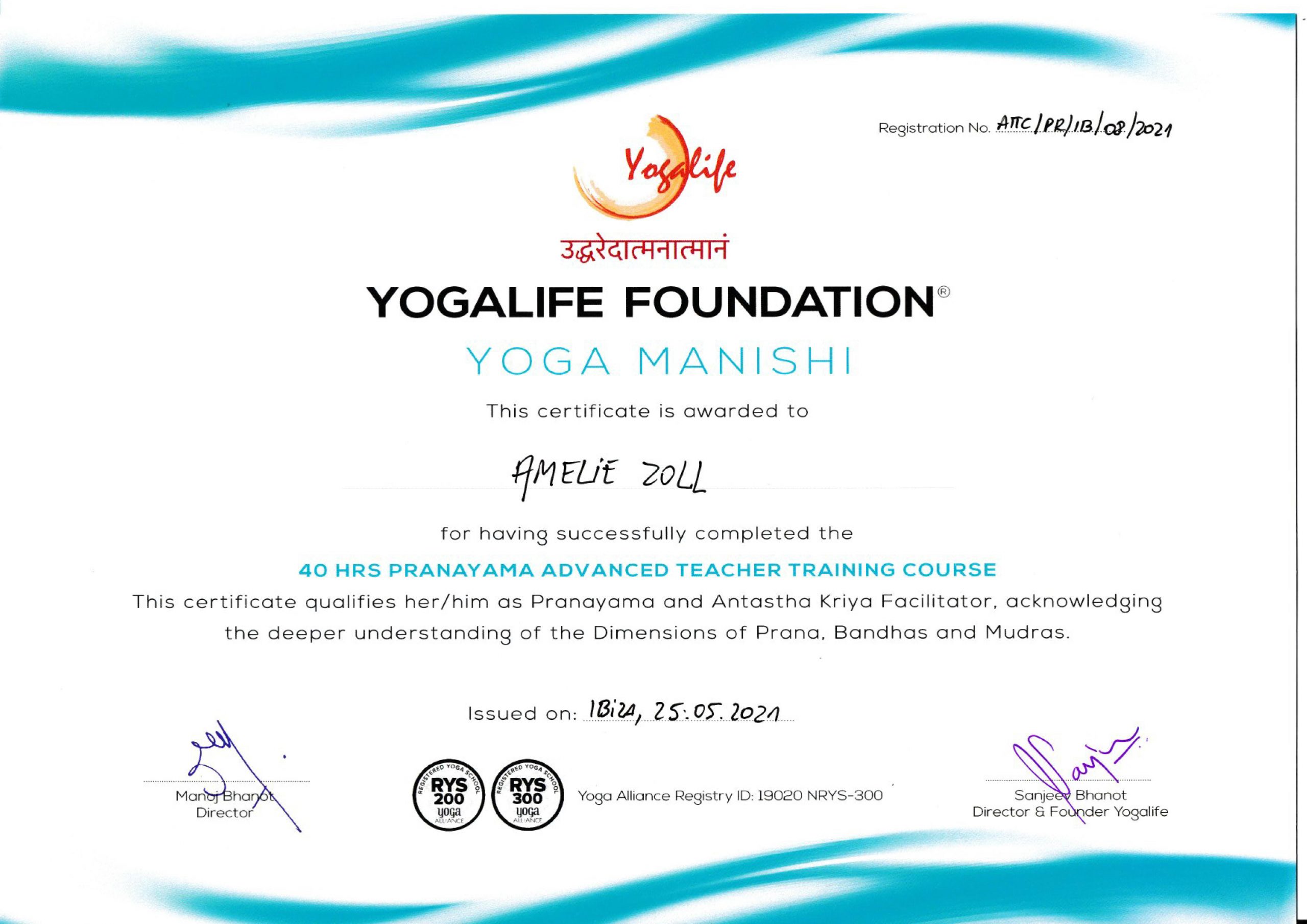 Zertifikat Yogalife Foundation